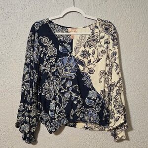 Willow & Root Womens Floral Bell Sleeve Surplice Blouse Size M Romantic Peasant